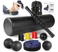 Foam Roller Set - High Density Back Roller, Muscle Roller Stick,3 Resistance Bands, 2 Foot Fasciitis Ball, Stretching Strap, Massage Ball for Whole Body Physical Therapy & Exercise, Yoga, Deep Tissue