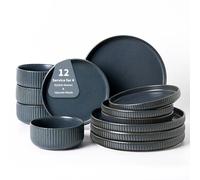 FOBENTA Dinnerware Sets for 4,Microwave Safe Plates and Bowls Sets,12 Piece Dylan Dish Set,Reactive Glaze Stoneware Dinnerware Set (Matte Reactive Sapphire Blue, Service for 4 (12pcs))