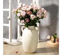 Fobule Rustic Ceramic Flower Vase with 2 Handles, Small Decorative Terracotta Boho Vase for Living Room, Table Centerpiece, Shelf Decor, Farmhouse, Entryway - 9.8 Inch Tall, Vintage White