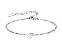 FOCALOOK Silver Bracelets for Female Tiny Heart Initial Bracelet High Polish Alphabet Letter D Bracelets Womens Friendship Jewelry