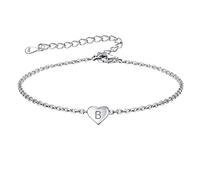 FOCALOOK Sterling Silver Initial Bracelet Letter B Heart Charm Bracelets Chain Lightweight Polishing Dainty Heart Bracelet for Ladies(6.3+2")