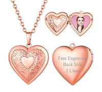 FOCALOOK Women Heart Locket Necklace with Photo Personalised Rose Gold Plated Locket Custom Engraved Photo Memorial Jewellery for Mum Girlfriend Sister Wife