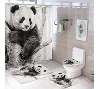 FOCCAR 4Pcs Tree Panda Shower Curtain Sets with Non-Slip Rugs, Toilet Lid Cover And U Shape Bath Mat, Simple Black White Animal Contemporary Bathroom Sets Waterproof Shower Curtains with 12 Hooks