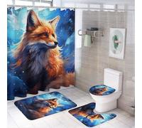 FOCCAR 4Pcs Watercolor Fox Shower Curtain Sets with Non-Slip Rugs, Toilet Lid Cover And U Shape Bath Mat, Red Nature Animal Abstract Fantasy Bathroom Sets Waterproof Shower Curtains with 12 Hooks