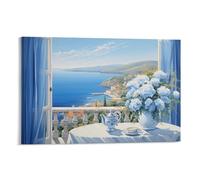 FOCCAR Blue Color Pattern Canvas Wall Art Table Flower Vase Beautiful View Posters Wall Decor Painting Art for Home Room Artwork