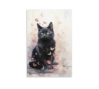 FOCCAR Canvas Wall Art Beautiful Black Cat Wall Decorations For Living Room Vintage Butterfly Cute Kitten Hang Pictures Wall Artwork