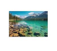 FOCCAR Canvas Wall Art Tranquil Green Lake Water Wall Decorations For Living Room Mirror Stream Stones Mountain Nature Hang Pictures Wall Artwork