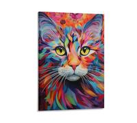 FOCCAR Colorful Mysterious Cat Canvas Wall Decor Watercolor Abstract Kitten Pattern Poster Wall Art for Living Room Bedroom Artwork