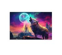 FOCCAR Fantasy Moon Wolf Canvas Wall Art Print Framed Mountaintop Howling Animal Colorful Ready to Hang Canvas Print Posters Wall Art