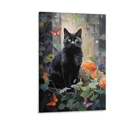 FOCCAR Flower Black Cat Canvas Wall Decor Animal Vintage Beautiful Plants Kittens Poster Wall Art for Living Room Bedroom Artwork