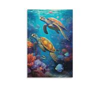 FOCCAR Green Sea Turtle Canvas Wall Art Under The Ocean Gloss Marine Life Posters Wall Decor Painting Art for Home Room Artwork