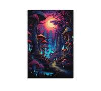 FOCCAR Magic Mushroom Printed Canvas Posters Abstract Fantasy Town Moon Colorful Wall Decor for Living Rooms Bedroom Wall Art Artwork