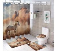 FOCCAR Modern Desert Horse Shower Curtain 4 Piece Sets with Non-Slip Rugs,Toilet Lid Cover And Bath Mat Wild Nature Animal Rustic Waterproof Shower Curtain with 12 Hooks Bathroom Set Home Decor