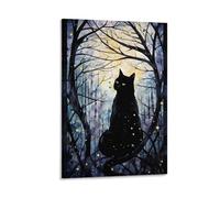 FOCCAR Moonlight Cat Canvas Wall Art Modern Style Cute Black Kitten Posters Wall Decor Painting Art for Home Room Artwork
