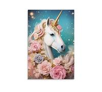 FOCCAR Noble Unicorn Printed Canvas Posters Glam Flower Elegant Animal Wall Decor for Living Rooms Bedroom Wall Art