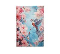 FOCCAR Peach Blossom Hummingbirds Paintings on Canvas Wall Art Pink Flower Beautiful Birds Canvas Prints Poster Wall Decor for Home Decorations