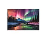 FOCCAR Rustic Northern Lights Canvas Wall Decor Gorgeous Colourful Aurora Forest Poster Wall Art for Living Room Bedroom Artwork