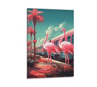 FOCCAR Sunshine Flamingo Canvas Wall Decor Pink Retro Modern Train Tree Poster Wall Art for Living Room Bedroom Artwork