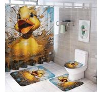 FOCCAR Watercolor Duck Shower Curtain Sets with Rugs Toilet Lid Cover And Bath Mat Yellow Animals Cartoon Countryside Shower Curtains with 12 Hooks Waterproof 4 Piece Bathroom Decor Set