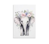 FOCCAR Young Elephant Printed Canvas Posters Modern Cute Flowers Animal Wall Decor for Living Rooms Bedroom Wall Art