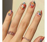 Foccna Almond Press on Nails Short Acrylic Fake Nails Flower Design Women's False Nails with Design Nail Tips for Women&Girls 24PCS