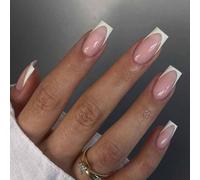 Foccna False Nails White Medium Length Acrylic French Style Square Glitter Pink False Nails for Women and Girls (Pack of 24)