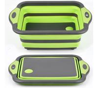 FOCCTS Collapsible Cutting Board Multifunction Chopping Board, Basin Drainer & Washing Bowl Dish Tub Draining Plug Kitchen Scissors Portable Drain Basket for Camping, Picnic, BBQ, Green