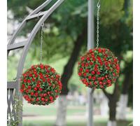 Focefec Christmas Artificial Hanging Plants 28cm, 2pcs Faux Topiary Balls, Garden Topiaries for Wedding Backyard Balcony Shop, Indoor & Outdoor Decoration, Powder-Coated Chain with Hook, Red Rose
