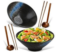 Focenat 2 Set Ceramic Ramen Bowl, 2×1000 ml Ramen Cereal Bowls with Chopsticks and Spoons, Salad Bowl, Cereal Fruit Pasta Soup Large Bowls, Japanese Ceramic Noodle Bowls for Soup Salad Pasta Udon