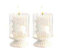 Focenat 2PCS Christmas Pillar Candle Holder, Vintage Metal Candlestick Holder Glass Hurricane Candle Holders for Table Centrepieces Thanksgiving, Christmas Decor, Table Centrepiece Ornaments (Deer)