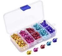 Focenat 300Pcs Coloured Bells, 8mm Craft Sleigh Mini Small Metal Bells with Storage Box for DIY Jewelry Making, Festival Christmas Decorations, Cat Collars, 5 Colors