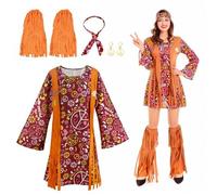 Focenat 4 Piece Hippie Costume Women's Set, 60s 70s Clothing Hippie Woman, 70s Costume Halloween Costume, 70s Theme Party Costume, Disco Outfit, Women's Set Retro Women Hippie (XL)