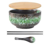 Focenat Large Noodle Ramen Bowl and Porcelain Salad Bowl - 1500 ML Capacity, Chopsticks and Spoon Sets Included, Japanese Picnic Tableware for Pasta, Soup, Salad, Snack (Green)