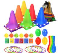 Focenat Pack of 35 Light Up Throwing Games, Outdoor Games, Ring Toss Game Children, Ball & Ring & Bean Bag Toss Game Set, Children's Party Throwing Games, Eggs Spoon, Egg Running, Games for Outdoor
