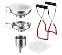 Focenat Set of 5 Stainless Steel Kitchen Funnel with 200 Mesh Food Filter Strainer and Jar Lifter Tongs for Filling Bottles and Containers,Transferring Liquids,Oil,Jam,Ideal for Kitchen Garage Labs