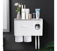 Focenat Toothbrush Holder for Wall Mounting, Toothpaste Dispenser, Automatic, Toothbrush Cup Holder, No Drilling, Toothbrush Organiser, Toothbrush Storage Wall for Children and Adults