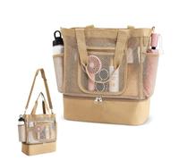 Focenat XL Women's Beach Bag Large with Shoe Compartment, Mesh Swimming Bag with Zip and Shoulder Strap, Beach Bag for Beach, Holiday, Swimming Pool and Family, camel