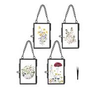 FOCHIER F 4 Pcs Pressed Flower Frame with Tweezers, Wall Hanging Tabletop Display Double Glass Frames with Metal Chain for Pressed Dried Flowers Plants, Horizontal and Vertical Picture Frame, Black