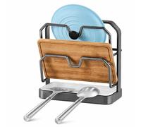 FOCHIER F Kitchen Pot Lid Storage Rack with U-Shaped Vertical Slots, Rust-Resistant Carbon Steel, Drip Tray, Space-Saving Counter Stand