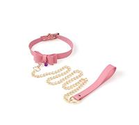 FOCICE BDSM women's fashionable and sexy pink bow, soft pink leather necklace with detachable chain collar, erotic leather collar adjustable slave neck restraint toy, with gold chain sex toy