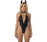FOCICE Women's 2-Piece Devil Costume with Heart Neck, Stretchy Polyester Bodysuit with Headband, One Size, Bodycon Lingerie Set for Halloween & Valentine's Day, Black