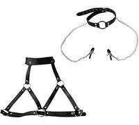 FOCICE Women's Sexy Role-Playing Costume Gothic Open Cup Collar cage Bra with Open Ring Clip for Women's Underwear, Synthetic Leather Strap Set, Black