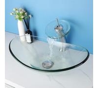 Focitland 22 Inch Bathroom Vessel Sink with Waterfall Faucet and Pop-Up Drain Combo,Clear Glass Sink Bowl Above Counter Oval Bathroom Sink Basin