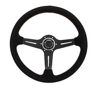 Focket Racing Steering Wheel, 14in Suede Red Stitching Deep Dish Universal Steering Wheel, Aluminum Alloy 6 Screw/Fastener with Horn Button Bolts Wrench for Cars Trucks Boats