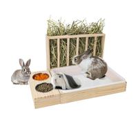 Fockety 3 in 1 Rabbit Hay Feeder with Litter Box, Wooden Guinea Pig Hay Feeder with Toilet and Bowls, Animal Hays Holder Rack for Guinea Pig, Chinchillas, Hamster, Small Animals