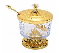 Fockety Glass Sugar Bowl, Classic Clear Jar, Candy Canister with Lid Spoon, Salt Seasoning Container, Multipurpose Home Dining Table Decor for Kitchen Storage (Gold（Warm White Light 3000K)