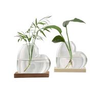 Fockety Plant Propagation Station, 2PCS Heart Shaped Borosilicate Glass Planter with Wooden Stand, Desktop Planter for Hydroponics Indoor Plants Home Office Decor (Brown)