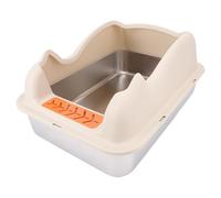 Fockety Stainless Steel Cat Litter Box, Large Metal Kitty Litter Box with Lid and Raised Fence, Top Entry Design for Easy Cleaning and Anti Splashing, Size 19.69 X 13.78 X 3.94in (Khaki)