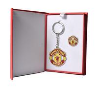 FOCO Manchester United Official Boxed Keyring and Badge Set, Red and Yellow Club Crest Design with Gift Box
