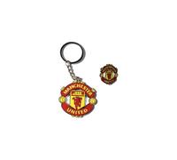 FOCO Manchester United Official Boxed Keyring and Badge Set, Red and Yellow Club Crest Design with Gift Box